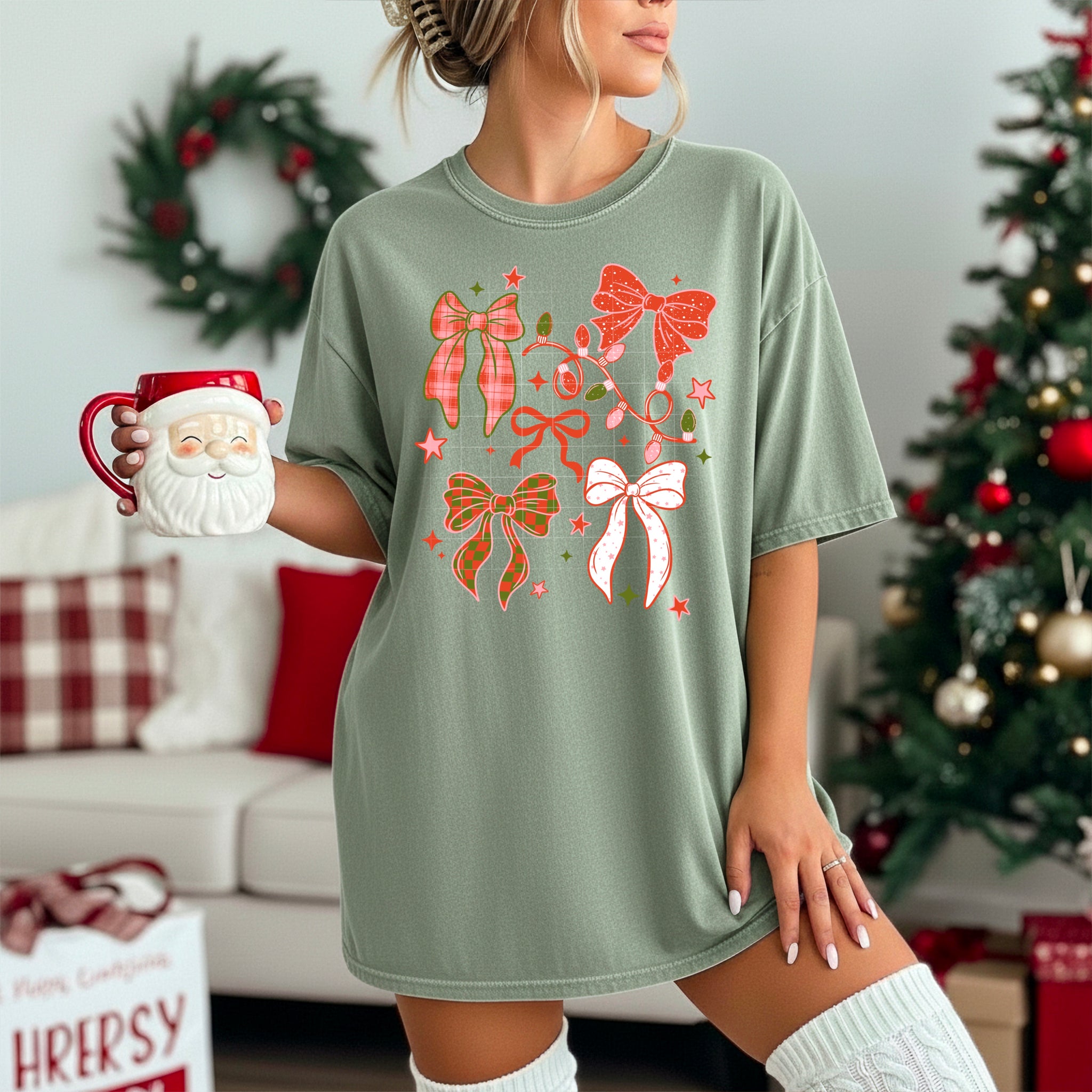 DTF Full Color TShirt Transfer - Christmas Bows & Lights