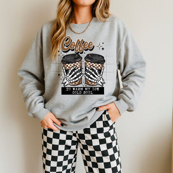 DTF Full Color TShirt Transfer - Coffee To Warm My Ice Cold Soul (White or Black Font)