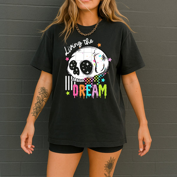 DTF Full Color TShirt Transfer - Living the Dream Skull (White or Black Font)