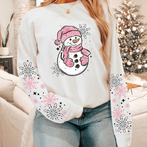 DTF Full Color TShirt Transfer - Pink Snowman - FREE SLEEVES!