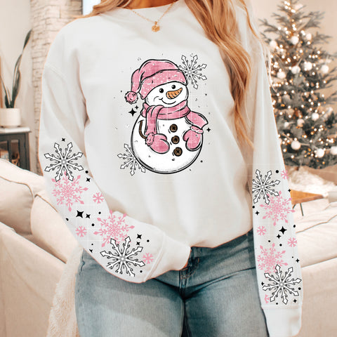 DTF Full Color TShirt Transfer - Pink Snowman - FREE SLEEVES!