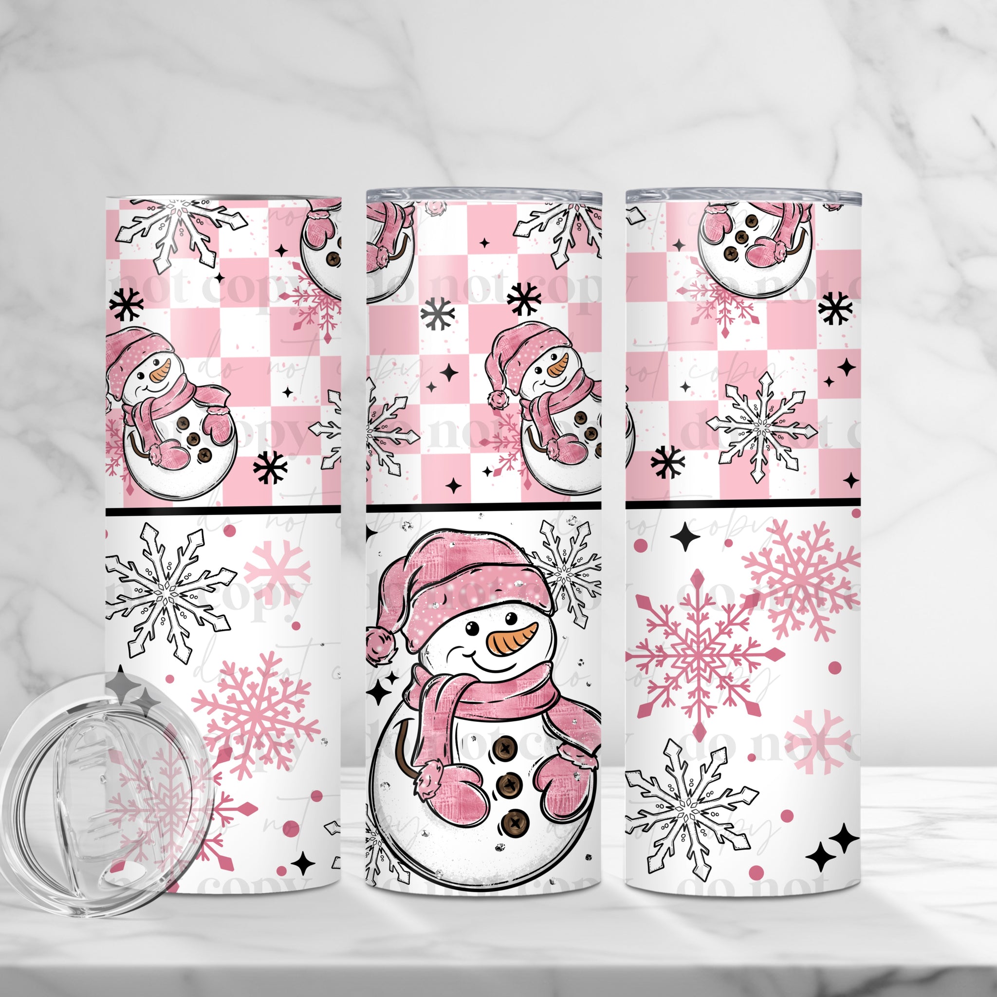 Skinny Tumbler Sublimation Wrap - Pink Check Snowman