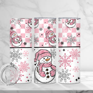Skinny Tumbler Sublimation Wrap - Pink Check Snowman