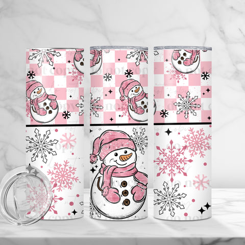Skinny Tumbler Sublimation Wrap - Pink Check Snowman