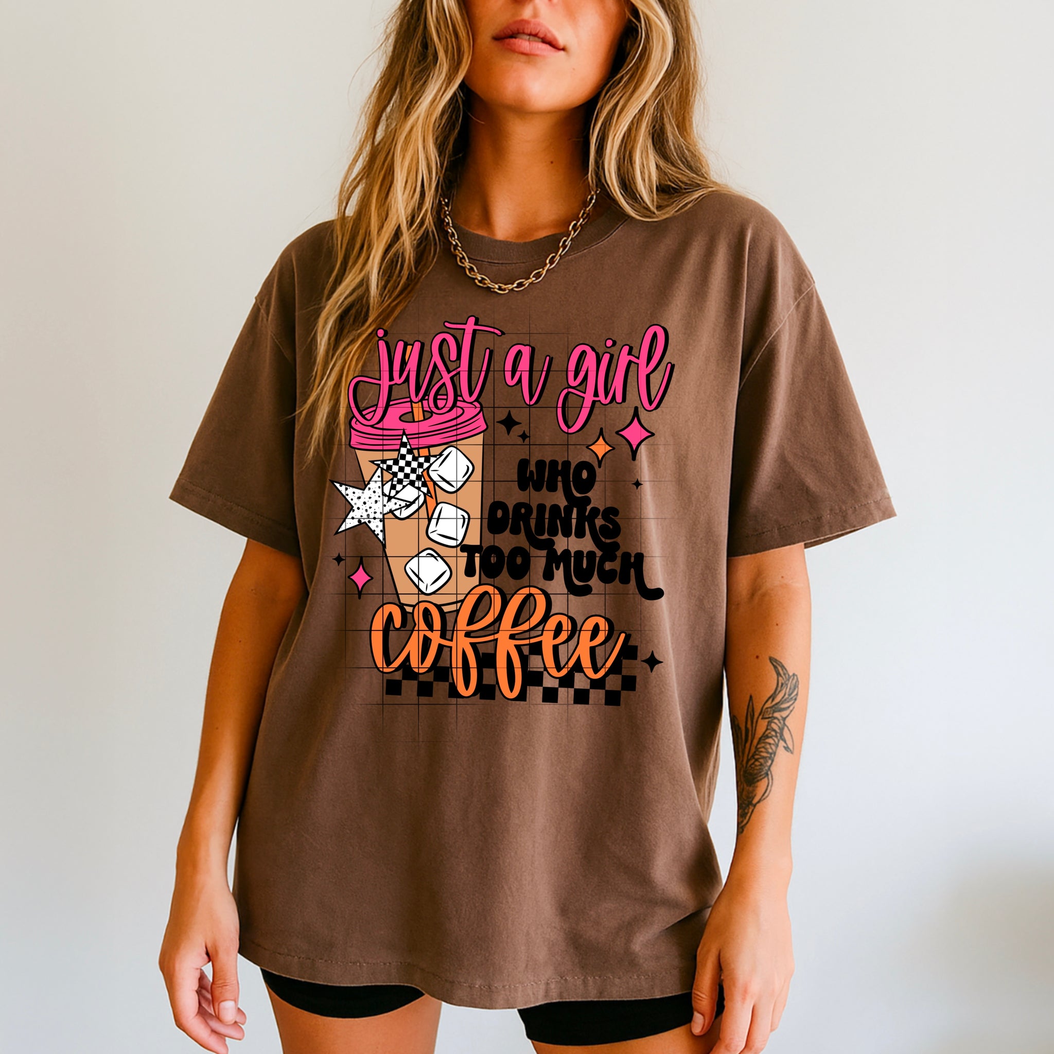 DTF Full Color TShirt Transfer - Just A Girl Who Drinks Too Much Coffee