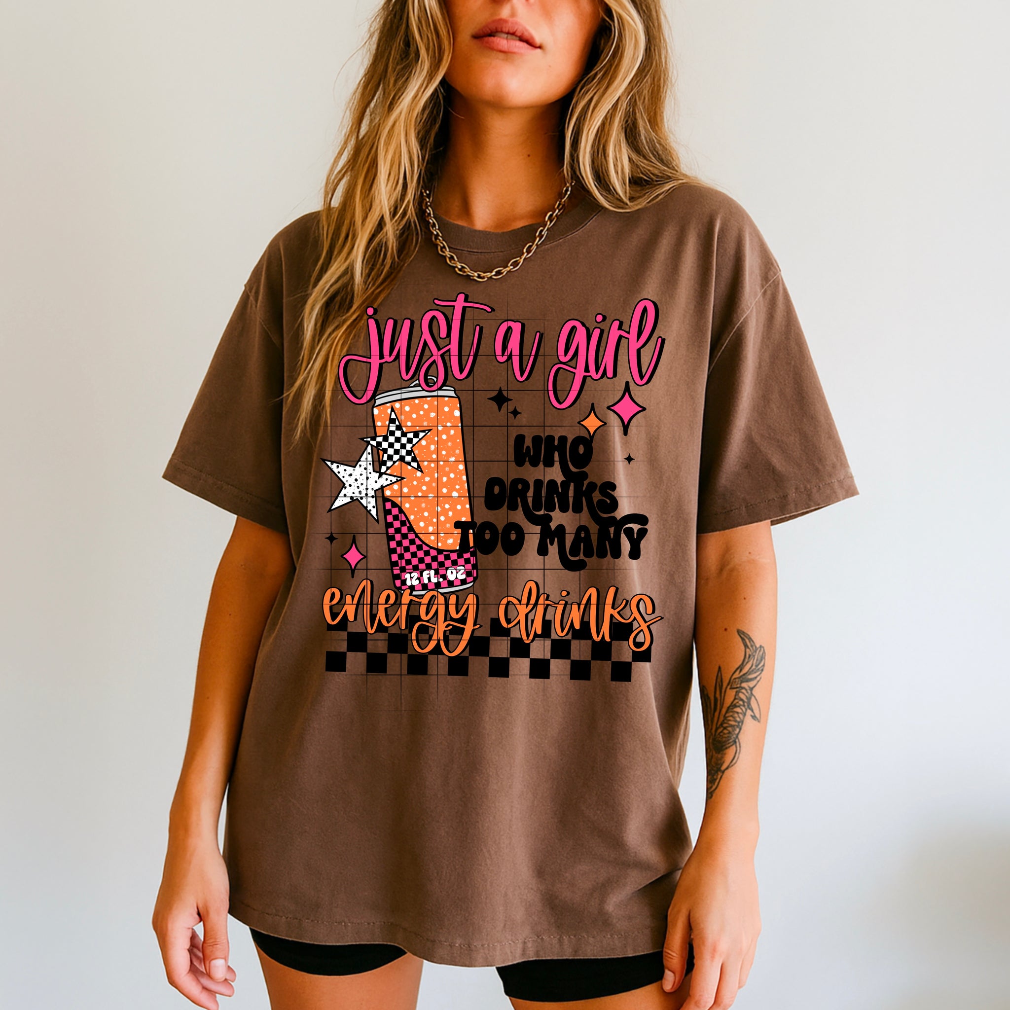 DTF Full Color TShirt Transfer - Just A Girl Who Has Too Many Energy Drinks