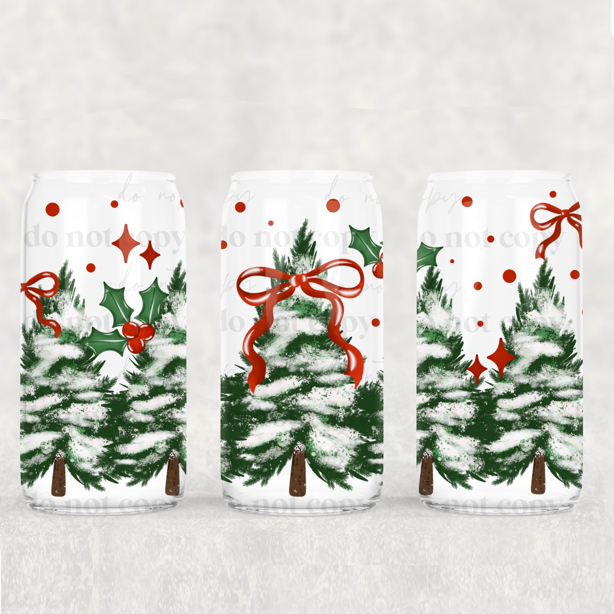 16oz UV DTF Wrap - Green Snow Trees Red Bow