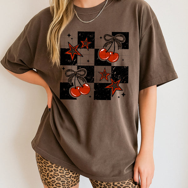 DTF Full Color TShirt Transfer - Checkered Cherries Stories (Black or White Font!)