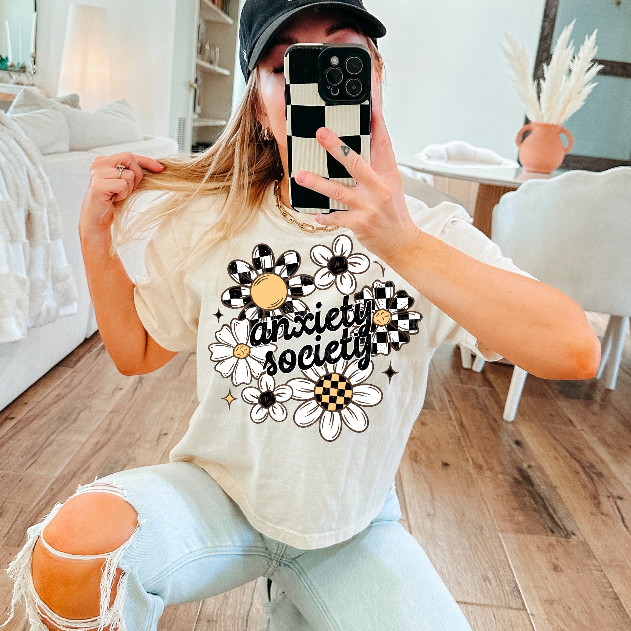 DTF Full Color TShirt Transfer - Anxiety Society Check