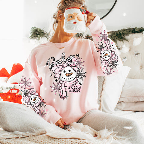 DTF Full Color TShirt Transfer - Let It Snow Pink Snowman - FREE SLEEVES!