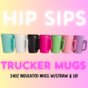 34oz Hip Sips Trucker Mug with Color Plastic Lid and Straw