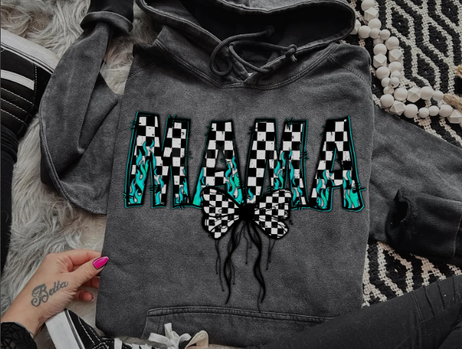 DTF Full Color TShirt Transfer - Mama Teal Check Flame
