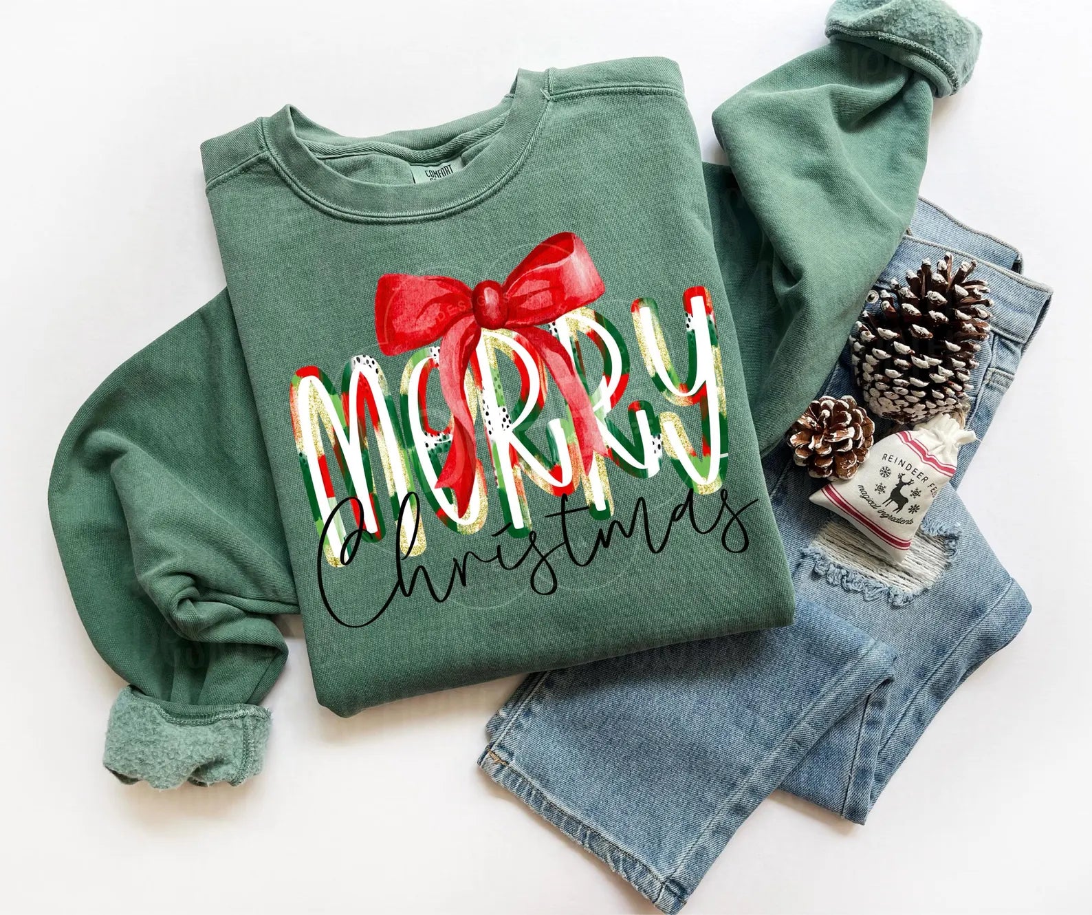 DTF Full Color TShirt Transfer - Merry Christmas Red Bow