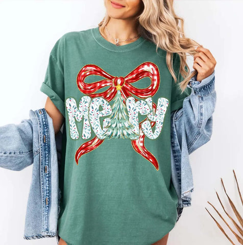 DTF Full Color TShirt Transfer - Merry Painted Gingham Red Bow