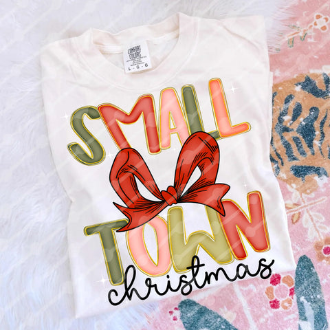 DTF Full Color TShirt Transfer - Small Town Christmas Red Bow
