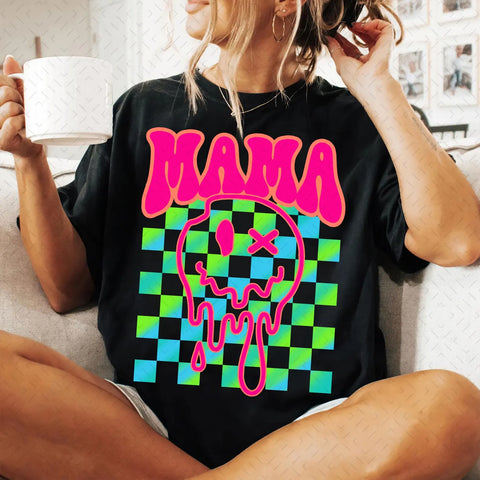 DTF Full Color Transfer - Neon Mama Check Smiley