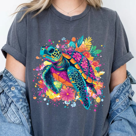 DTF Full Color Transfer - Neon Splash Sea Turtle