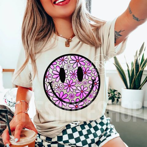 DTF Full Color Transfer - Neon Purple Flowers Smiley