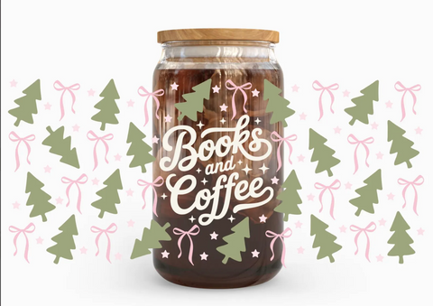 16oz UV DTF Wrap - Books and Coffee Green Trees