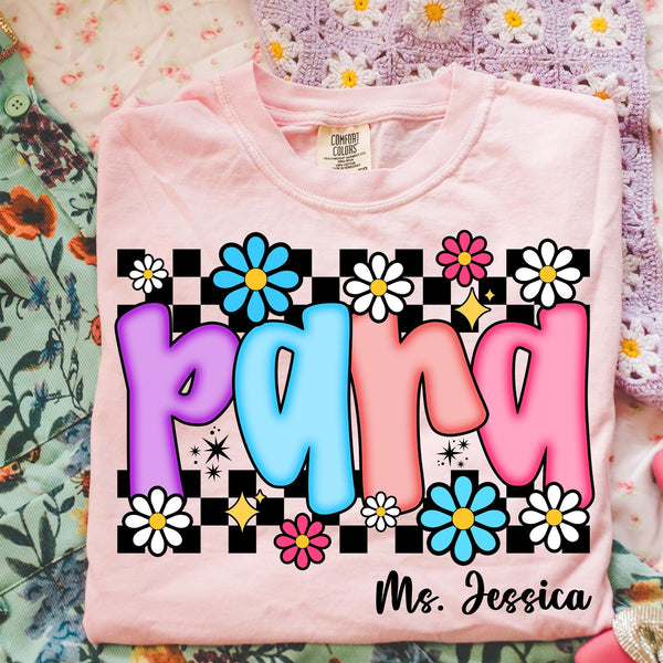 DTF Full Color TShirt Transfer - Floral Check Bright Names (YOU CHOOSE!)