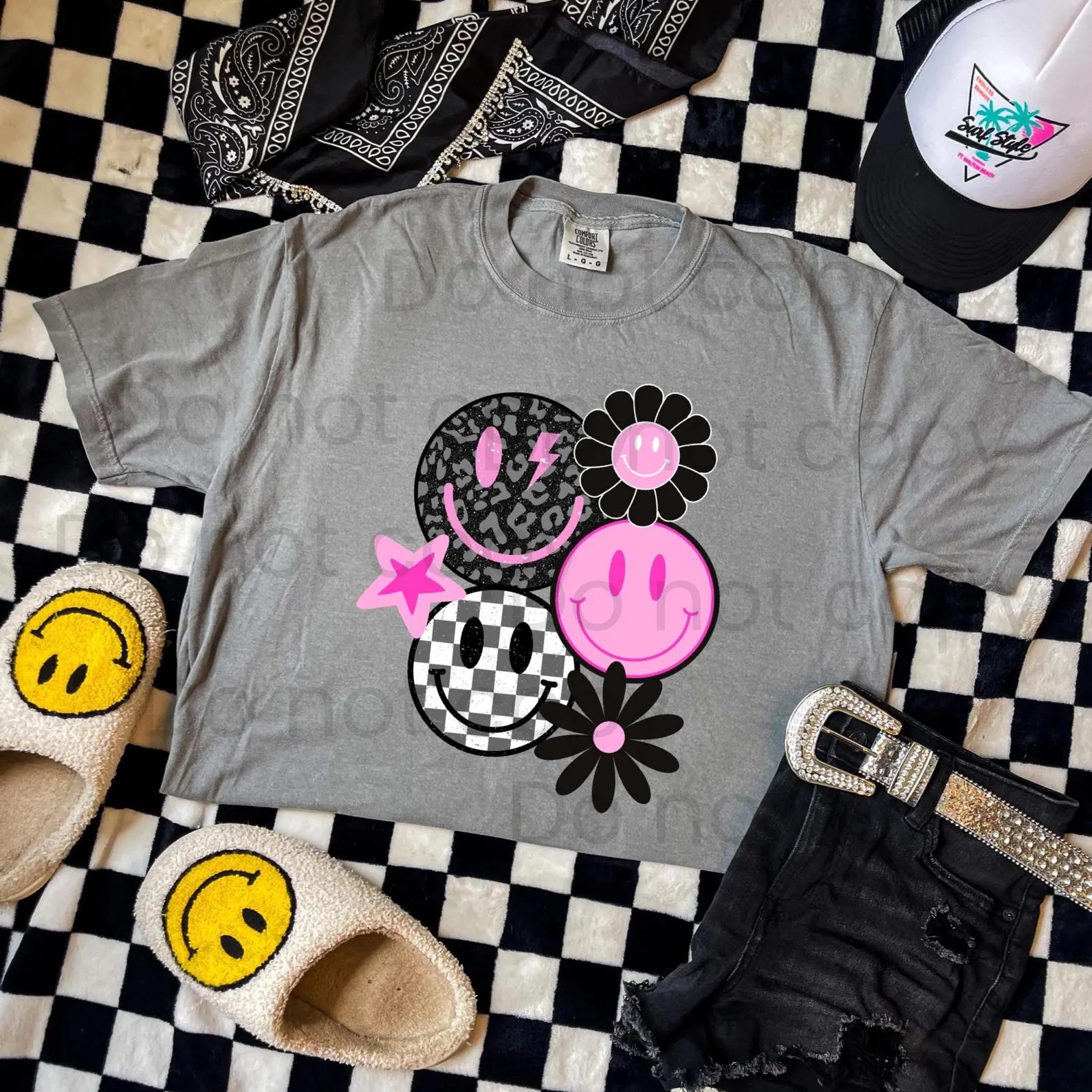 DTF Full Color Transfer - Black Leopard & Black Check Smileys