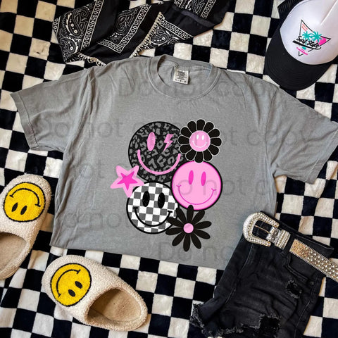 DTF Full Color Transfer - Black Leopard & Black Check Smileys