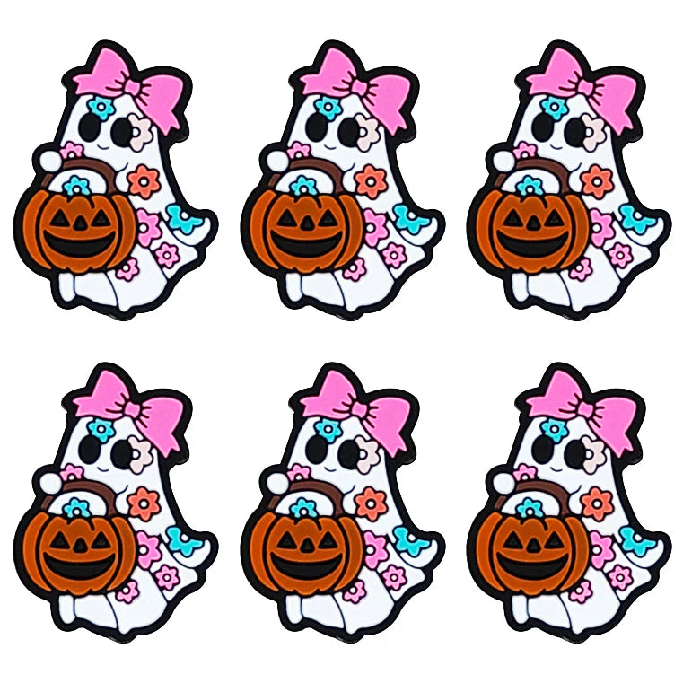Silicone Focal - Pumpkin Bucket Ghost w/Pink Bow