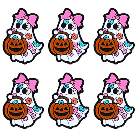 Silicone Focal - Pumpkin Bucket Ghost w/Pink Bow