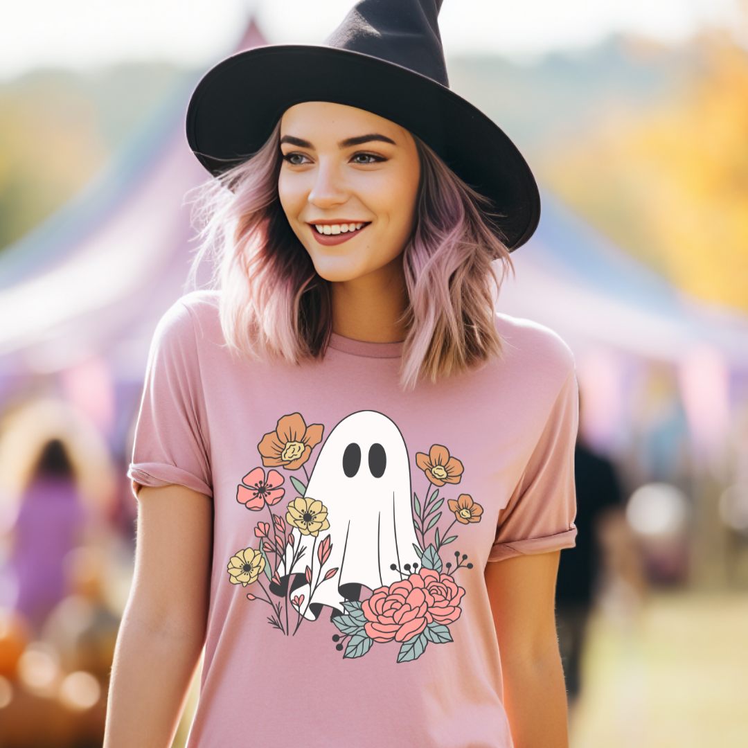 DTF Full Color TShirt Transfer - Pink Flowers Ghost