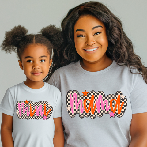 DTF Full Color TShirt Transfer - Mama/Mini Hot Pink Check