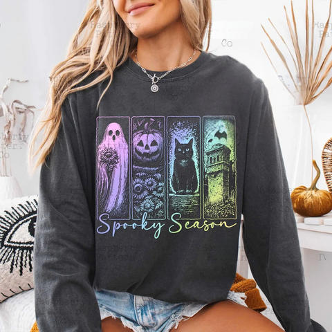 DTF Full Color Transfer - Spooky Season Neon Rainbow Ghost Cat