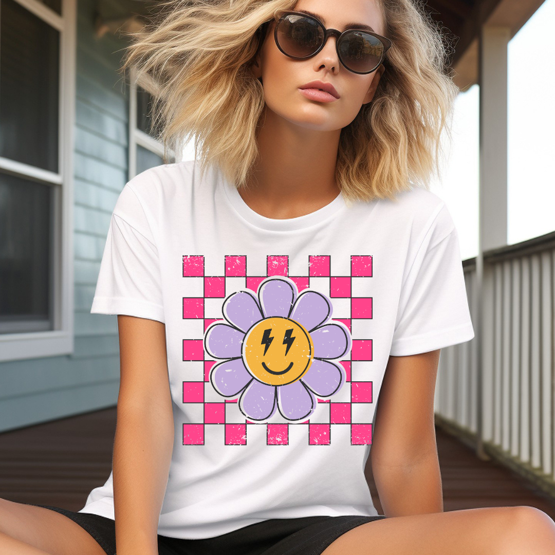 DTF Full Color Transfer - Pink Check Purple Daisy