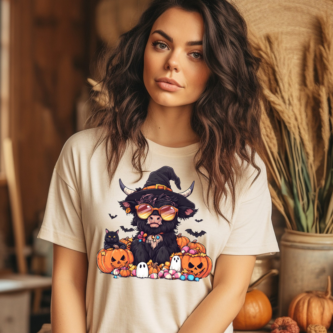 DTF Full Color Transfer - Highland Cow Glasses Pumpkins