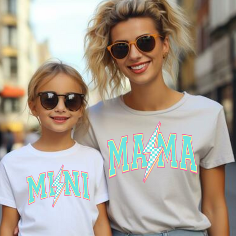 DTF Full Color TShirt Transfer - Mama/Mini Bright Aqua Check Lightning