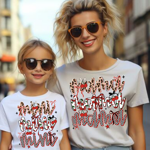 DTF Full Color TShirt Transfer - Mama/Mini Bright Leopard Cherries Check