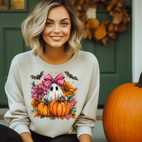 DTF Full Color Transfer - Pink Bow Ghost & Pumpkins