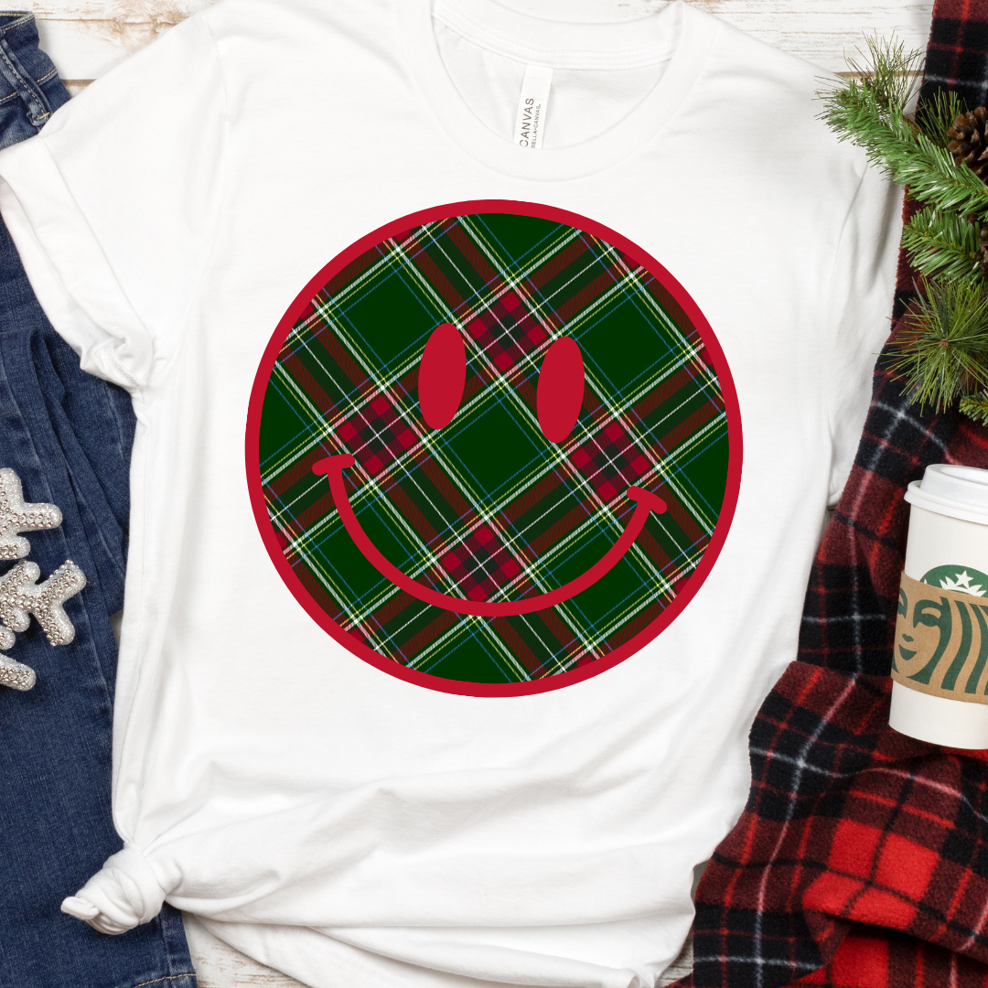 DTF Full Color TShirt Transfer - Christmas Plaid Smiley *SBSC EXLUSIVE DESIGN*