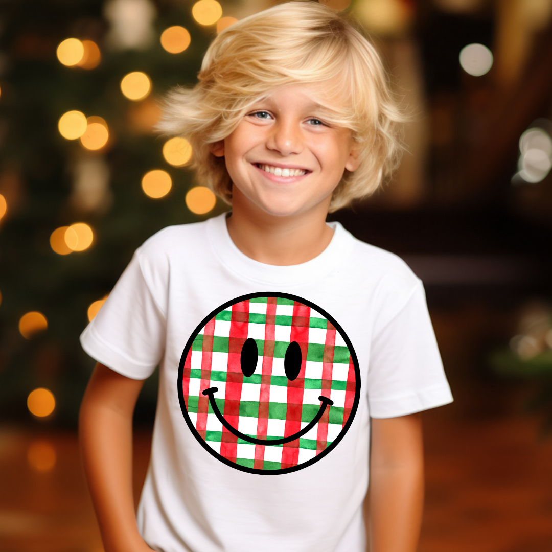 DTF Full Color Transfer - Red Green Watercolor Plaid Smiley *SBSC EXCLUSIVE DESIGN*