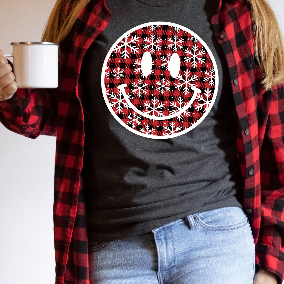 DTF Full Color TShirt Transfer - Snowflake Plaid Smiley *SBSC EXCLUSIVE DESIGN*
