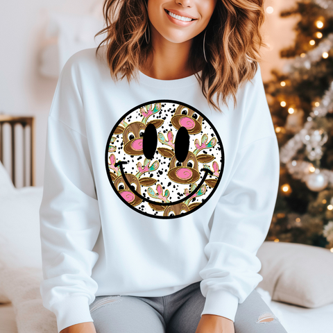 DTF Full Color TShirt Transfer - Pink Nose Reindeer Smiley