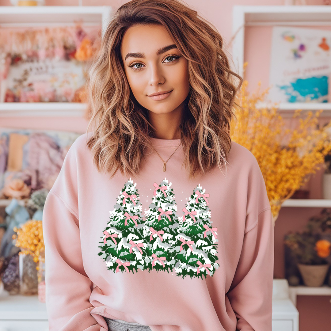 DTF Full Color TShirt Transfer - Pink Bow Snowy Trees