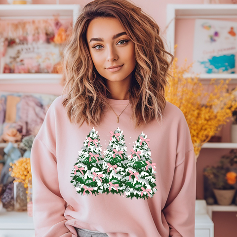 DTF Full Color TShirt Transfer - Pink Bow Snowy Trees
