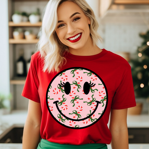 DTF Full Color TShirt Transfer - Candy Cane Smiley W/Eyelashes