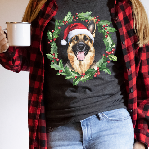 DTF Full Color TShirt Transfer - German Shepherd Holly Wreath