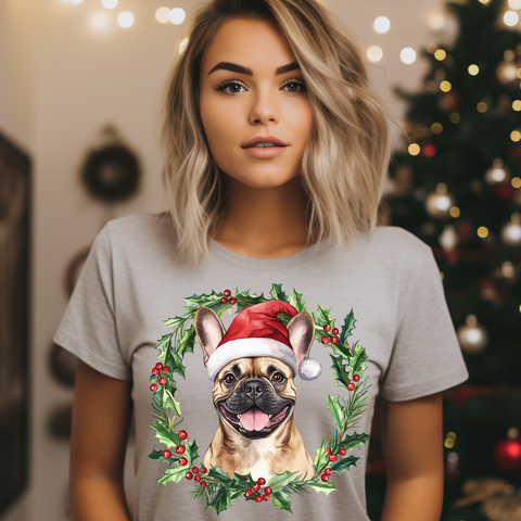 DTF Full Color Transfer - Frenchie Holly Wreath
