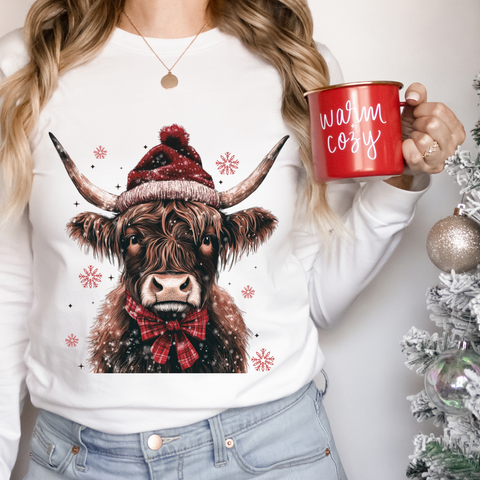 DTF Full Color Transfer - Christmas Hat Cow Long Horns