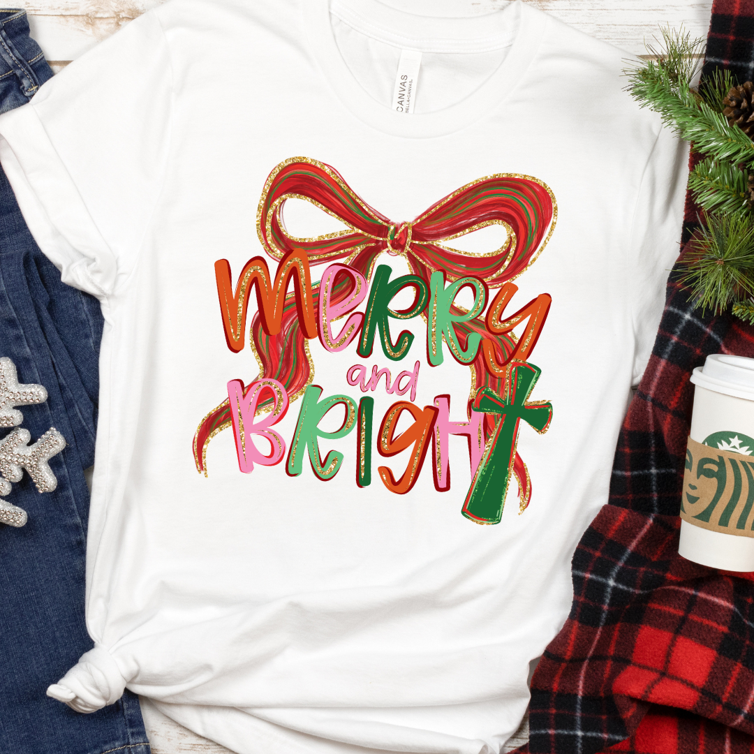 DTF Full Color TShirt Transfer - Merry and Bright Red Gold Bow