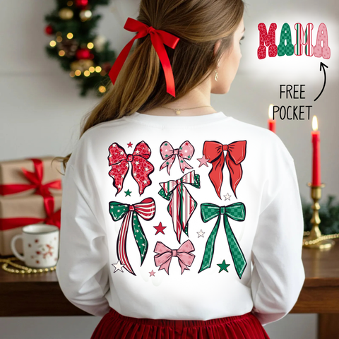 DTF Full Color TShirt Transfer - Christmas Bows Mama - FREE POCKET!