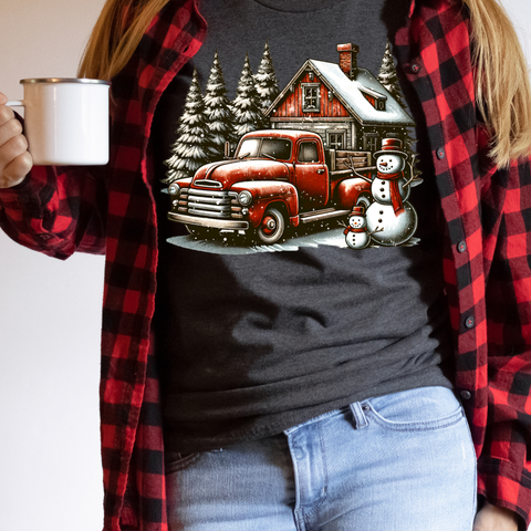DTF Full Color TShirt Transfer - Red Truck Barn Snowman