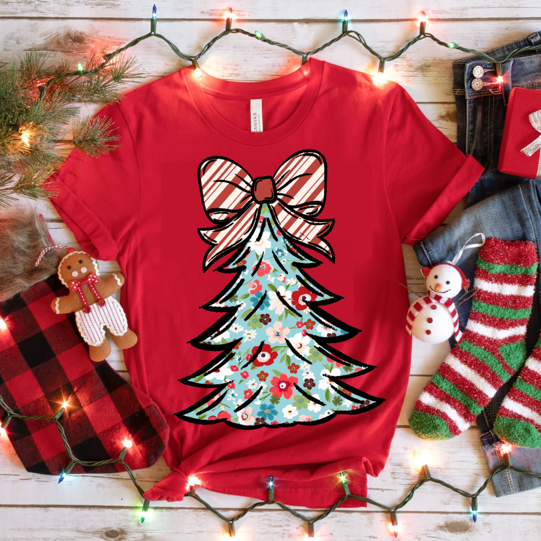 DTF Full Color TShirt Transfer - Patterned Tree Candy Cane Bow